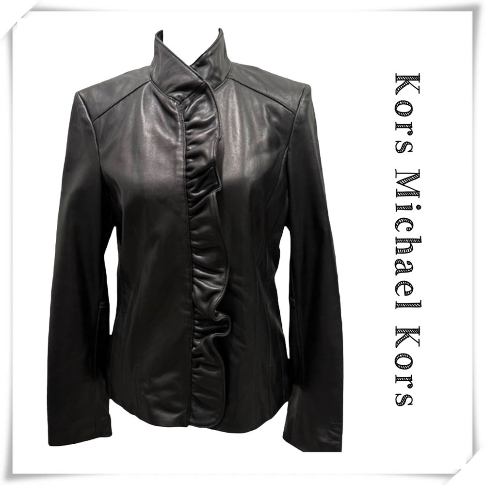 Kors Michael Kors Ruffle Leather Moto Jacket in Black Size XS